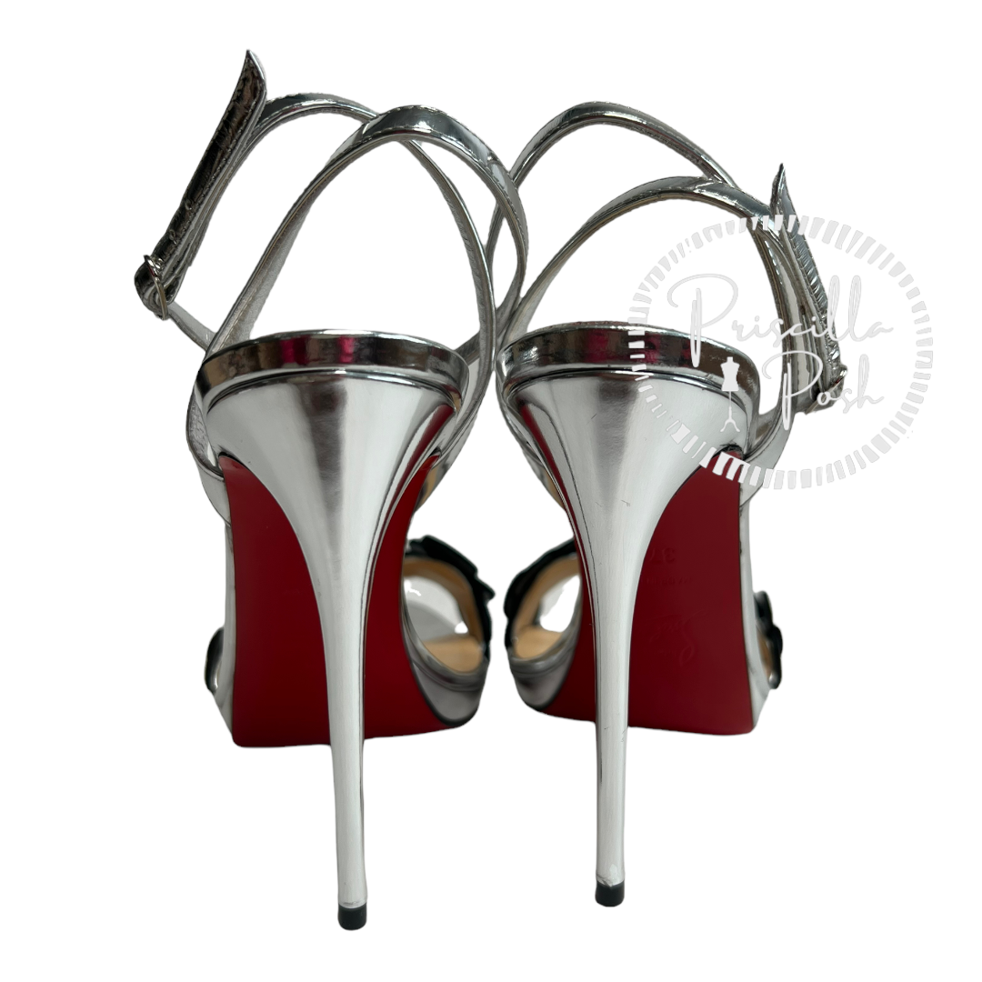 NEW Christian Louboutin Pansy Queen Metallic Leather Ankle-strap Sandals Silver