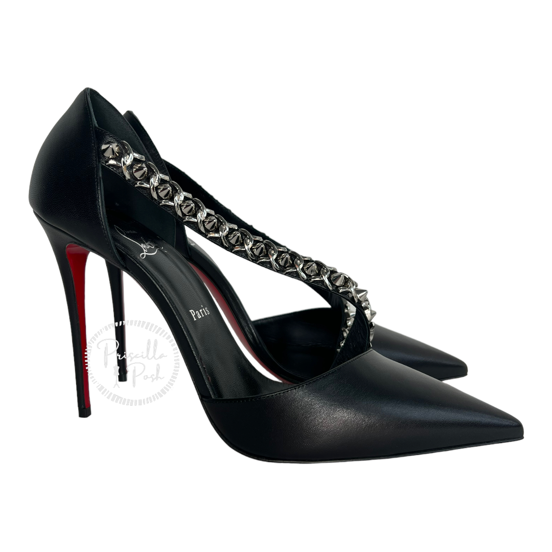 New With Box Christian Louboutin Black Leather Silver Chain Spike Leather Pumps 42