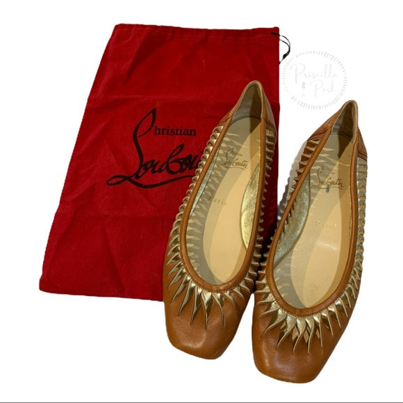 Christian Louboutin Leather Tan Gold Cutout Flats