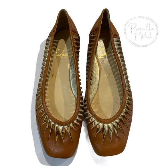 Christian Louboutin Leather Tan Gold Cutout Flats