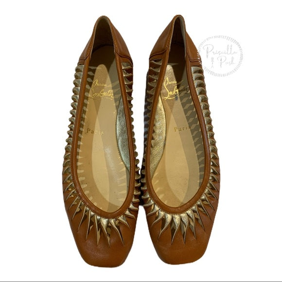 Christian Louboutin Leather Tan Gold Cutout Flats