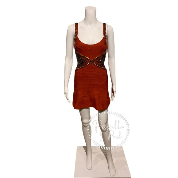 Herve Leger Ayia Studded Mini Dress in Rust Red