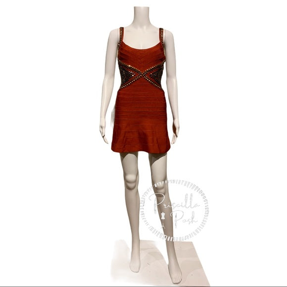 Herve Leger Ayia Studded Mini Dress in Rust Red
