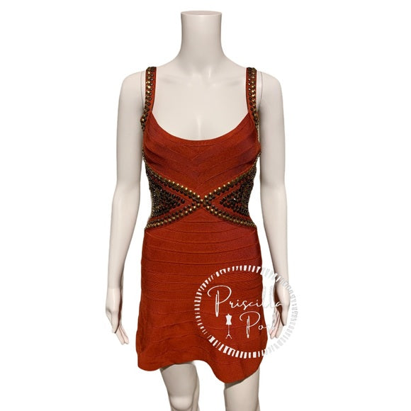 Herve Leger Ayia Studded Mini Dress in Rust Red