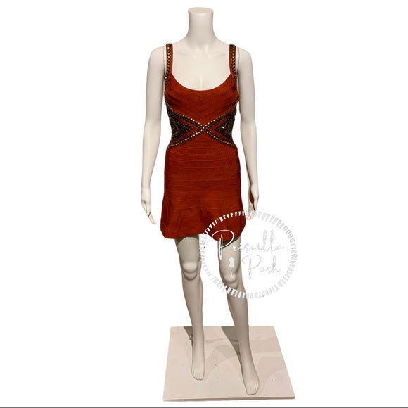 Herve Leger Ayia Studded Mini Dress in Rust Red