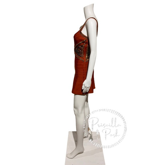 Herve Leger Ayia Studded Mini Dress in Rust Red