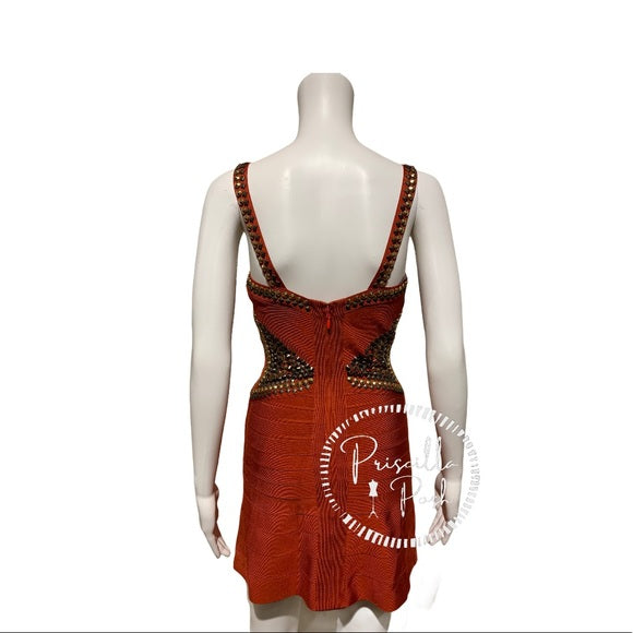 Herve Leger Ayia Studded Mini Dress in Rust Red