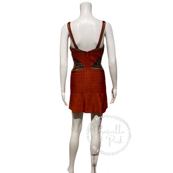 Herve Leger Ayia Studded Mini Dress in Rust Red