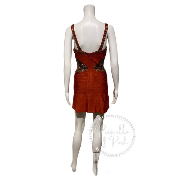 Herve Leger Ayia Studded Mini Dress in Rust Red