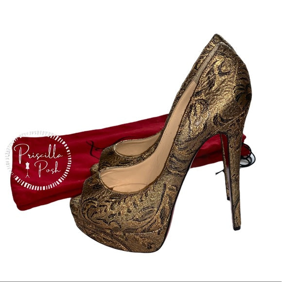 NEW Louboutin Bronze Lady Peep 150 Brocade Pump