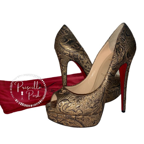 NEW Louboutin Bronze Lady Peep 150 Brocade Pump