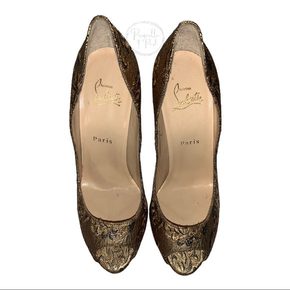 NEW Louboutin Bronze Lady Peep 150 Brocade Pump