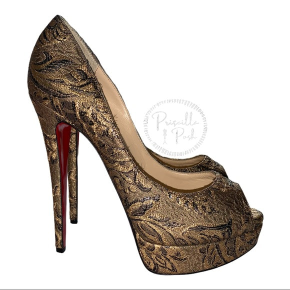 NEW Louboutin Bronze Lady Peep 150 Brocade Pump