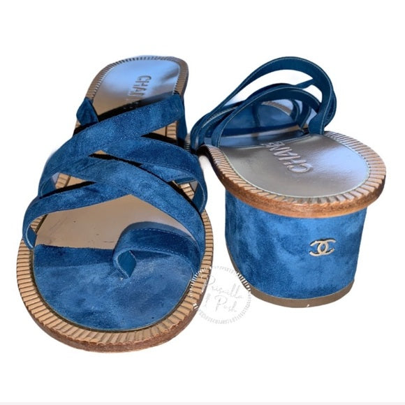 Chanel Medusa Blue Suede Block Heel Sandal Slide