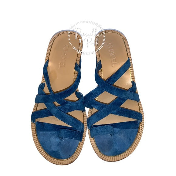 Chanel Medusa Blue Suede Block Heel Sandal Slide