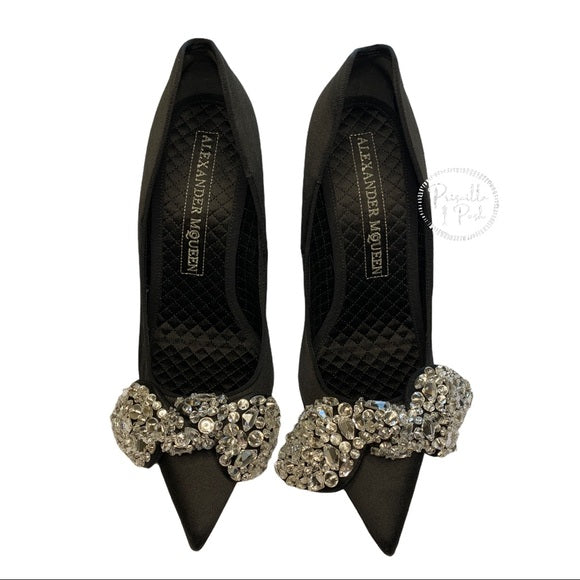 Alexander Mcqueen Black Satin Crystal Bow Pumps