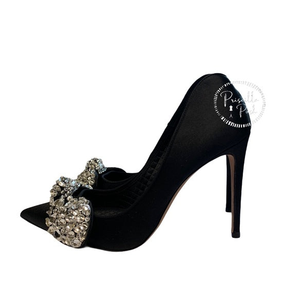 Alexander Mcqueen Black Satin Crystal Bow Pumps