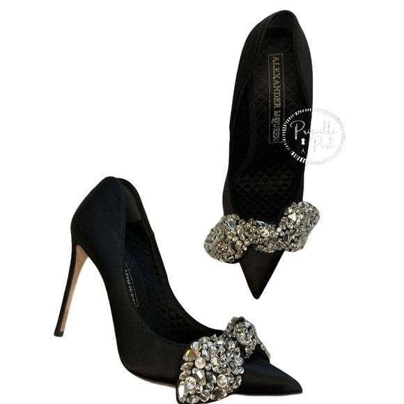 Alexander Mcqueen Black Satin Crystal Bow Pumps