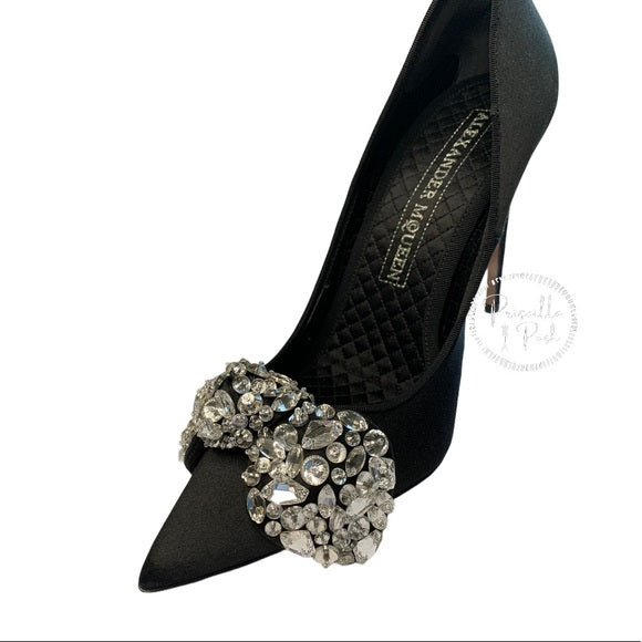 Alexander Mcqueen Black Satin Crystal Bow Pumps