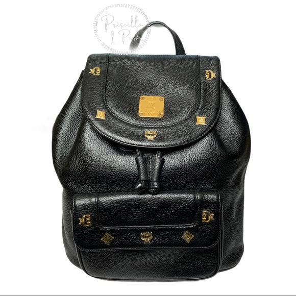 MCM Large Vintage Black Leather Studded Backpack