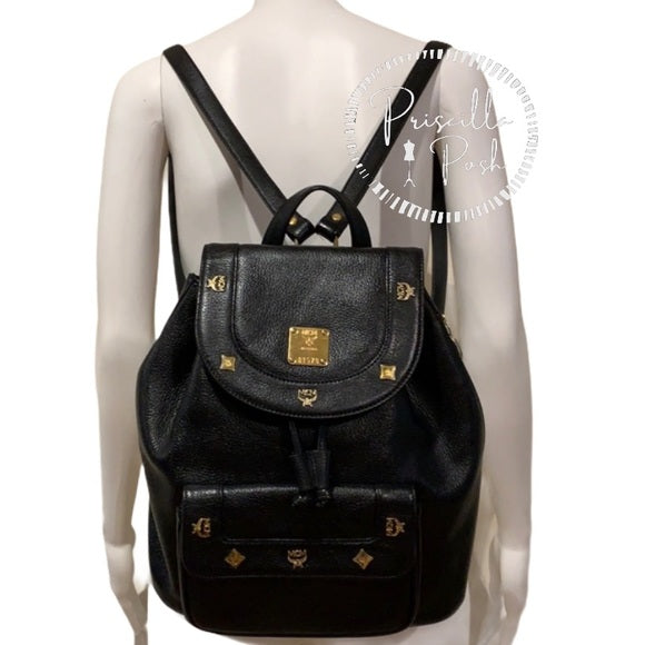 MCM Large Vintage Black Leather Studded Backpack