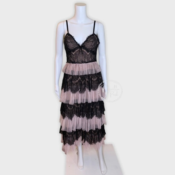 Marchesa Notte Blush Tiered Tulle Dress Lace Black