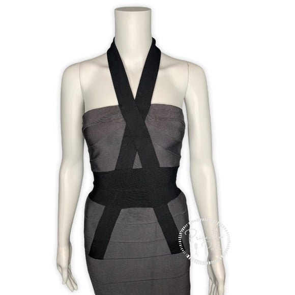 Herve Leger Black Grey Bow-Accented Bandage Dress