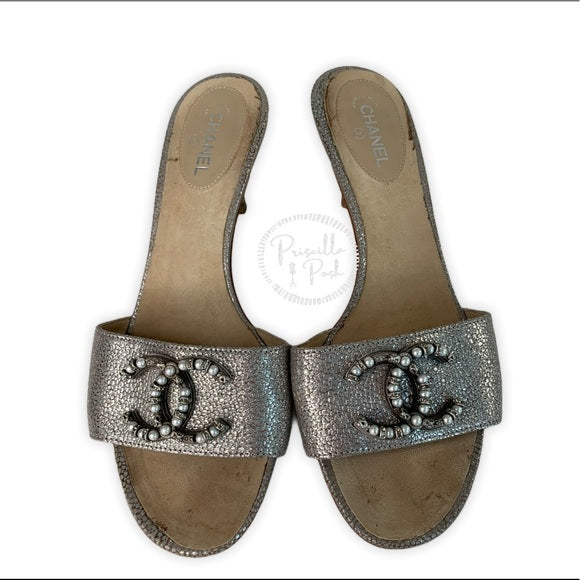 Chanel Silver Leather Pearl Shoes Slides Sandals
