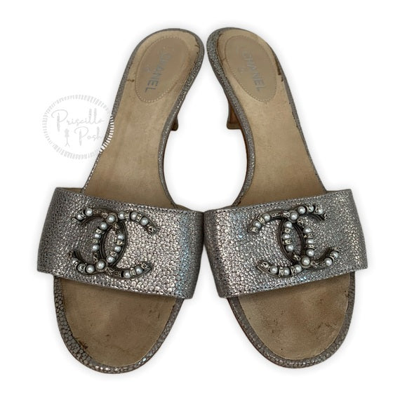 Chanel Silver Leather Pearl Shoes Slides Sandals
