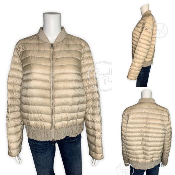 Moncler Beige Down Puffer Quilted Bomber Jacket
