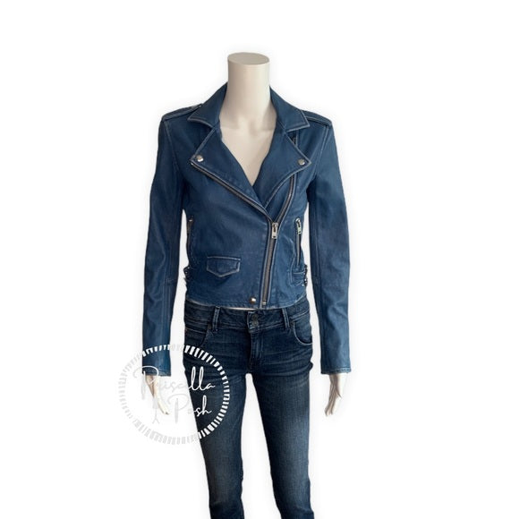 IRO Asheville blue leather cropped moto jacket