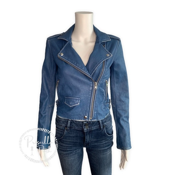 IRO Asheville blue leather cropped moto jacket