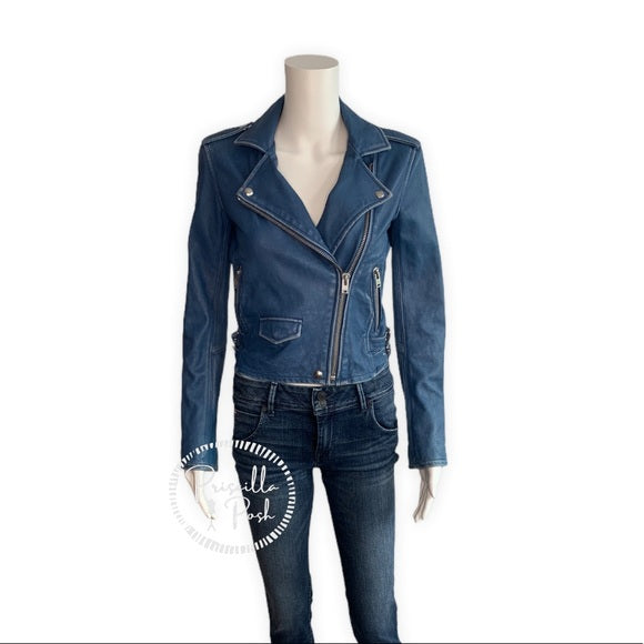 IRO Asheville blue leather cropped moto jacket