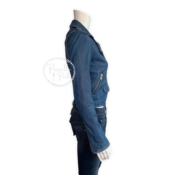 IRO Asheville blue leather cropped moto jacket