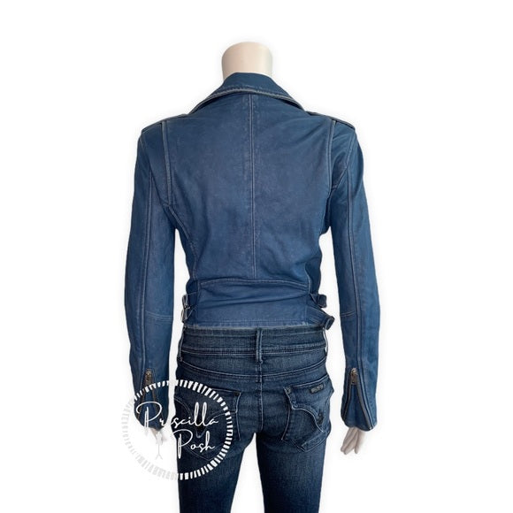 IRO Asheville blue leather cropped moto jacket