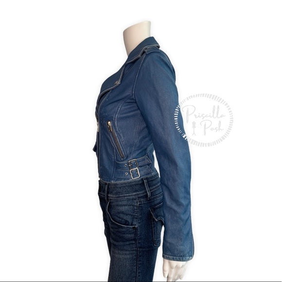 IRO Asheville blue leather cropped moto jacket