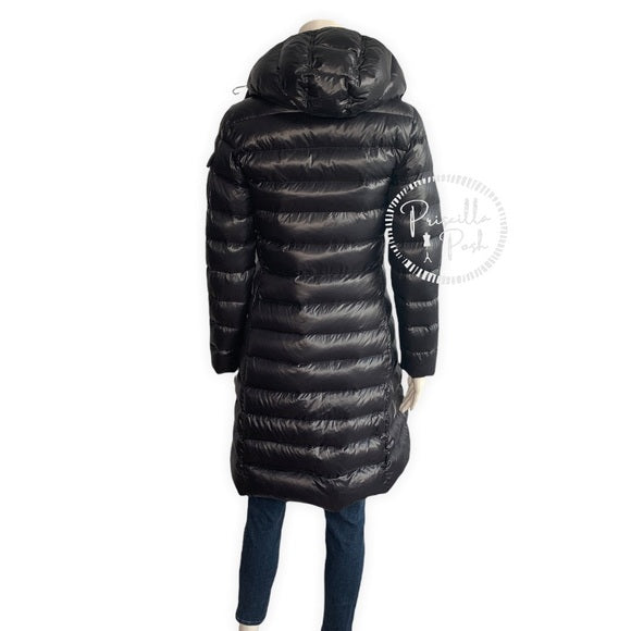 Moncler Black Moka Shiny Fitted Puffer Coat with Hood Long Full Length Moncler