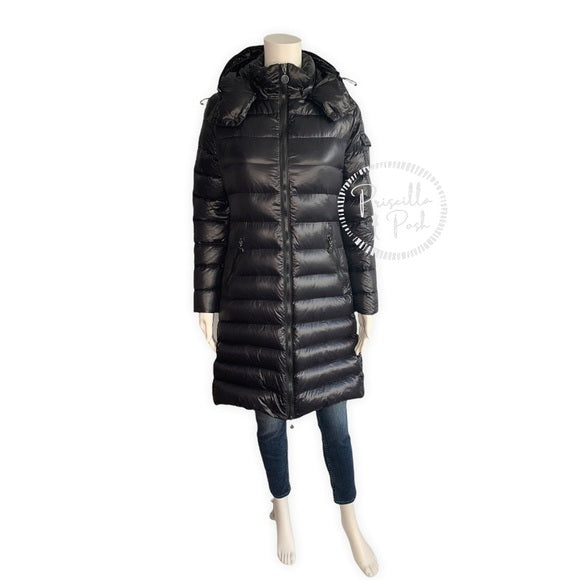 Moncler Black Moka Shiny Fitted Puffer Coat with Hood Long Full Length Moncler