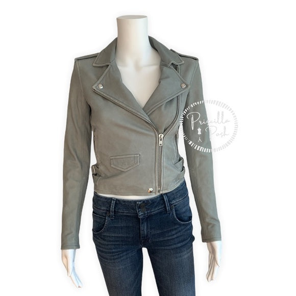 IRO Ashville Cropped Leather Jacket Grey Green