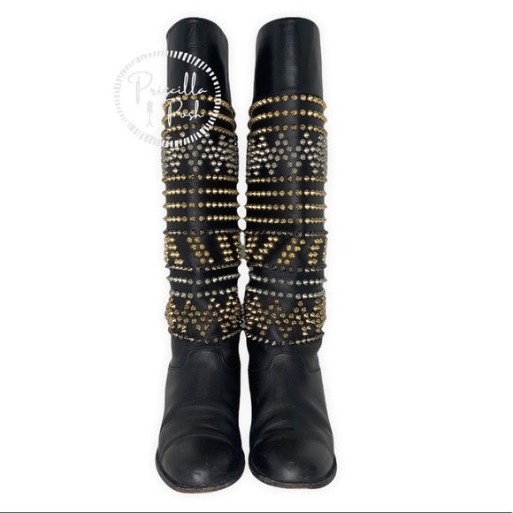 Christian Louboutin Rom Chic Spiked Leather Knee Boots Silver Gold Metallic Stud