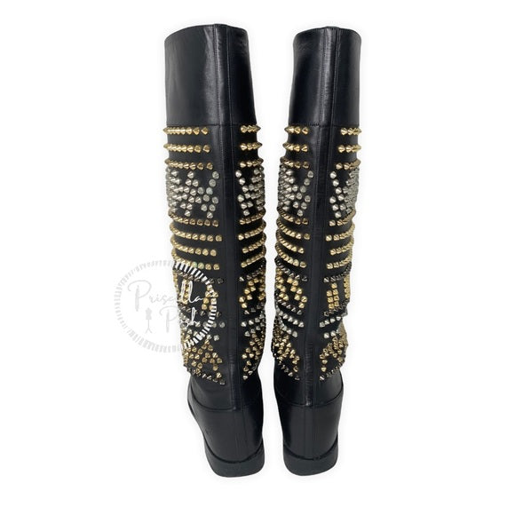 Christian Louboutin Rom Chic Spiked Leather Knee Boots Silver Gold Metallic Stud