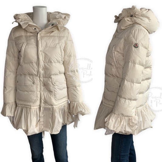 Moncler White Ivory Serre Peplum Ruffle Puffer Coat Puffer Jacket Long Length