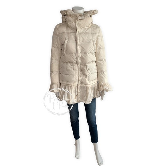 Moncler White Ivory Serre Peplum Ruffle Puffer Coat Puffer Jacket