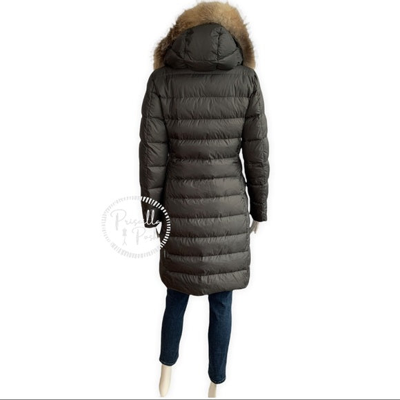 Moncler Long Grey Full Length Puffer Jacket Fabrefox Fur-Trim Puffer Coat