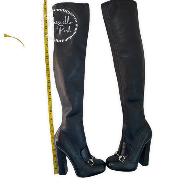 Gucci Horsebit Over The Knee Lillian Thigh High Black Leather Boots With Heel