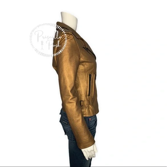 NWT IRO Gold Leather Moto Jacket Fleeced Lined Leather Motorcycle Jacket