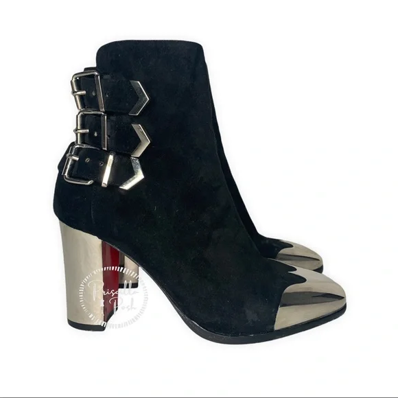 Christian Louboutin Black Chelita Leather Metal Wingtip Ankle Boots