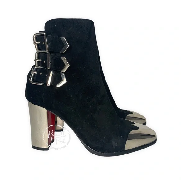 Christian Louboutin Black Chelita Leather Metal Wingtip Ankle Boots