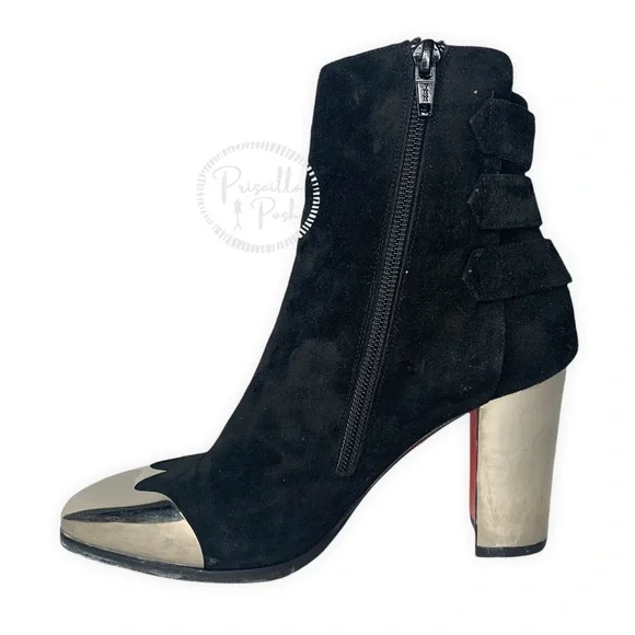 Christian Louboutin Black Chelita Leather Metal Wingtip Ankle Boots