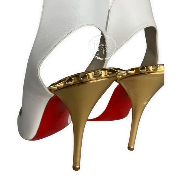 Christian Louboutin Survivita Spike Red Sole Pump, White/Gold Studded Heel